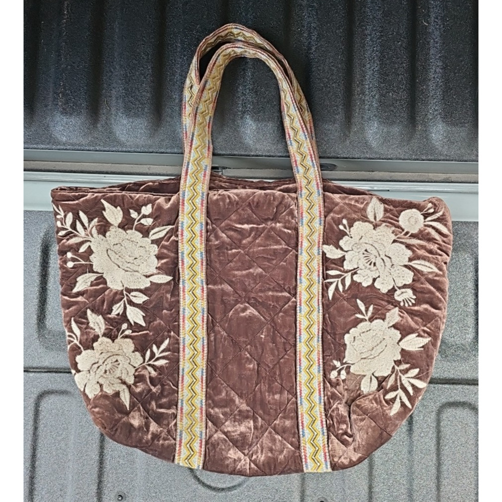 JOHNNY WAS Brown Multi Floral Embroidered Tote Bag Bohemian